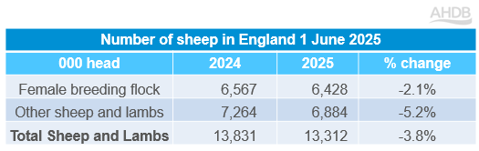 Number of sheep in England 1 June 2025 Table